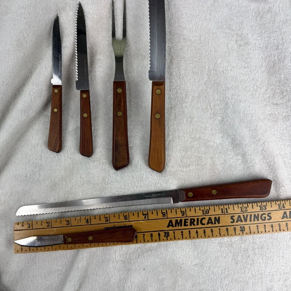 Forgecraft USA Vintage 6 Piece Cutlery Set Stainless Wood Handles Austria Block